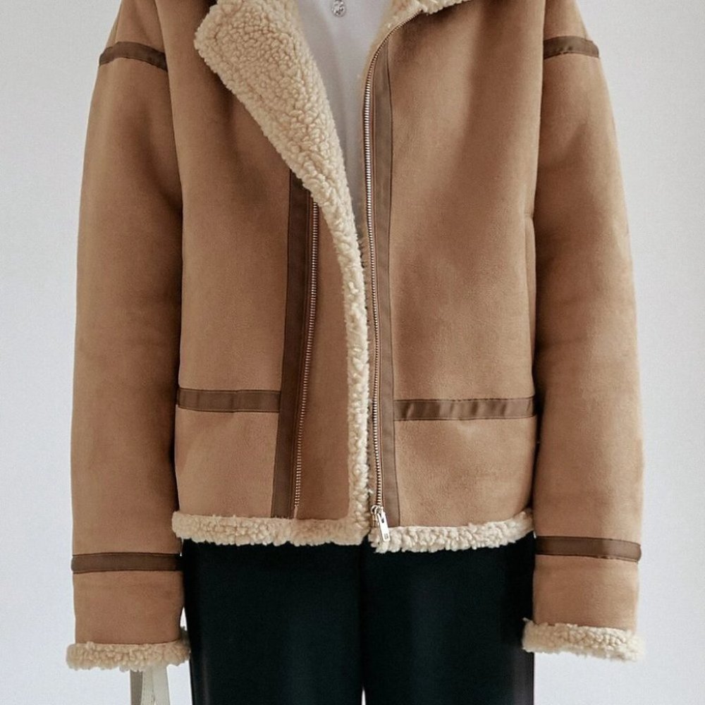 khaki zip up teddy lined coat casual streetwear fall winter - Picture 7 of 8